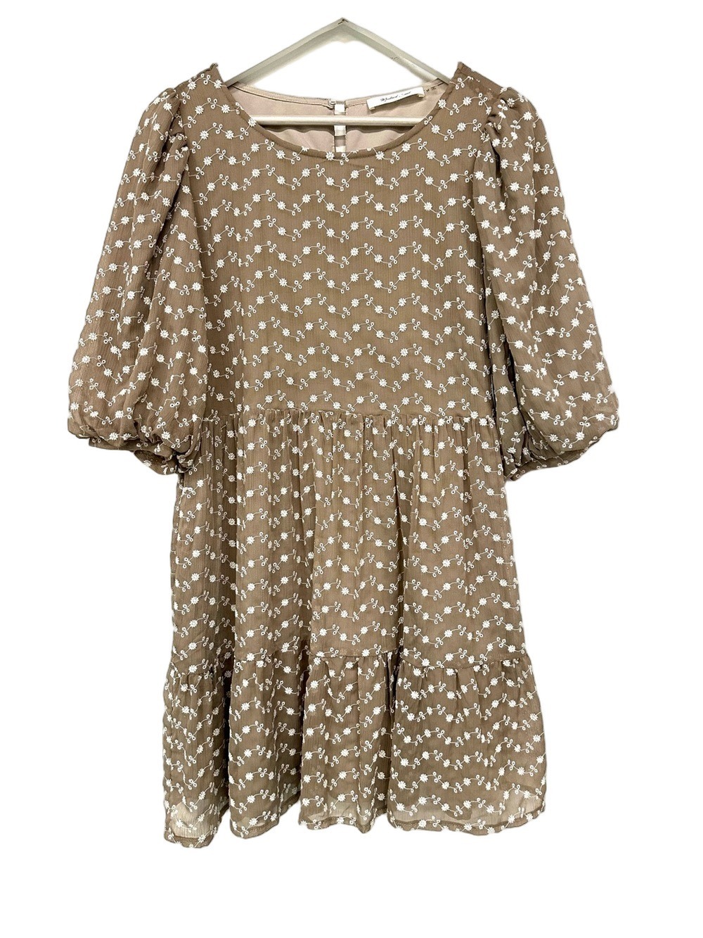 Mustard Seed Embroidered Floral Tiered Dress Medium Taupe Puff Sleeve